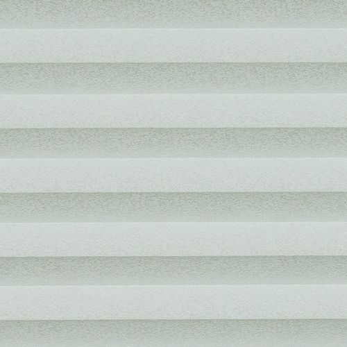 Cellular pleated blinds, fully lowered with evenly spaced pale gray-green horizontal bands, filtering diffuse daylight across a neutral interior and creating soft, uniform illumination.