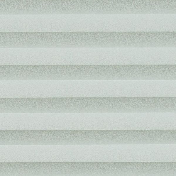 Cellular pleated blinds, fully lowered with evenly spaced pale gray-green horizontal bands, filtering diffuse daylight across a neutral interior and creating soft, uniform illumination.