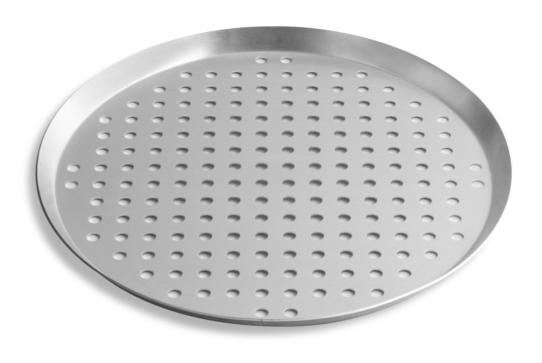 12-inch perforated press-cut pizza pan in natural finish