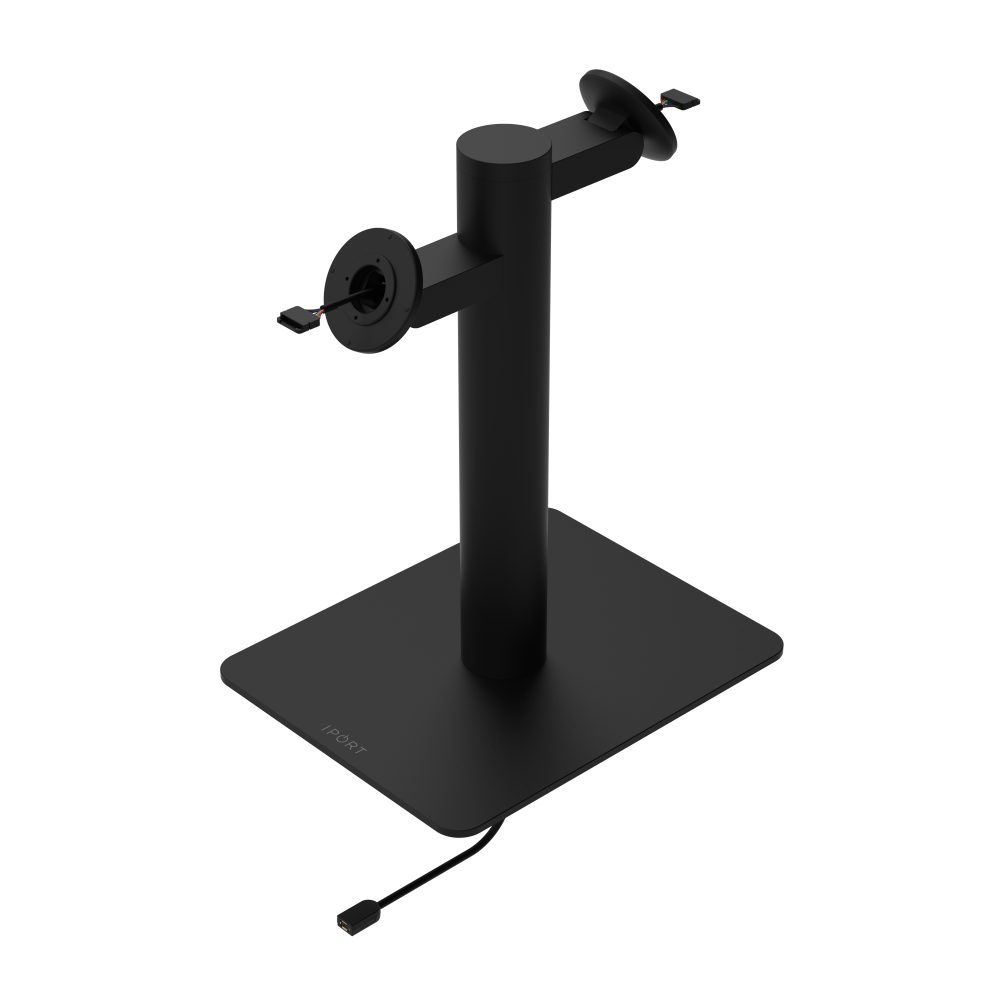 CONNECT MOUNT Pillar Dual iPads on a Baseplate in black fifteen inches high with a CONNECT MOUNT head and Hirose H10 Connection.