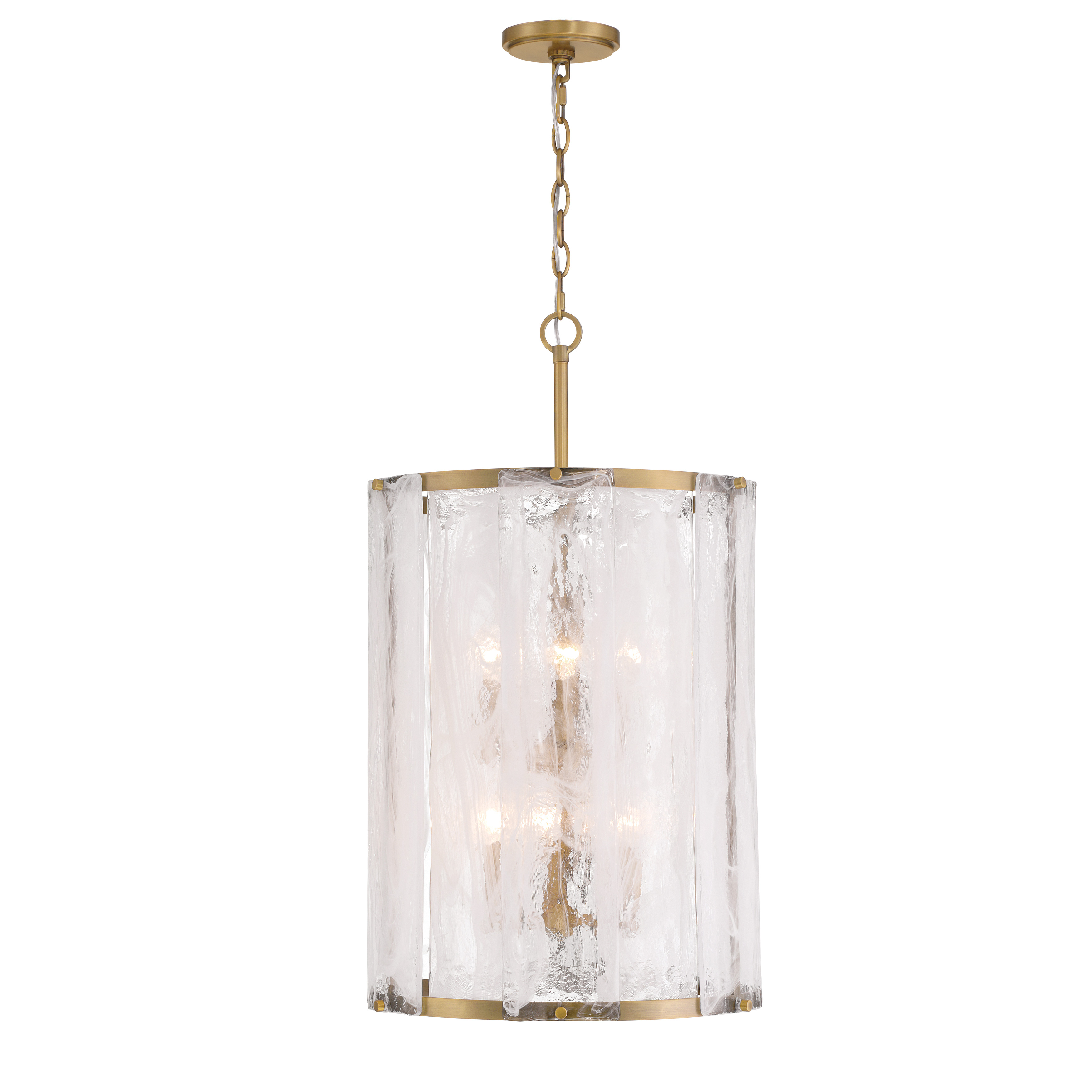 The Veil 16" pendant combines classic brass warmth with contemporary white swirl glass for versatile appeal. Six candelabra bulbs provide ample illumination while the adjustable 72" chain offers flexible installation. - alternate view