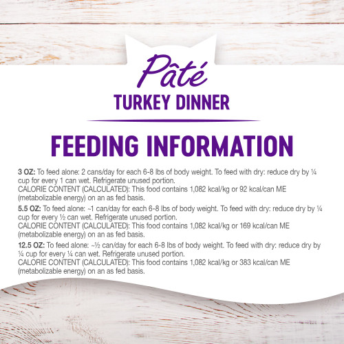 <p>Feed according to the age, size, and activity of your cat. Feed at room temperature and refrigerate unused portion. Always provide access to clean fresh water.<br />
Feed ½ can per 6 to 8 lbs of body weight per day. For combination feeding, reduce dry amount by ¼ cup for every ¼ can wet.  </p>
