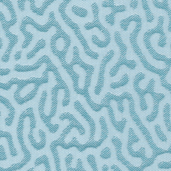 Irregular teal squiggles form a maze-like repeating pattern across a pale blue, fine-dotted, woven-texture background, producing an all-over textile or wallpaper-like appearance.