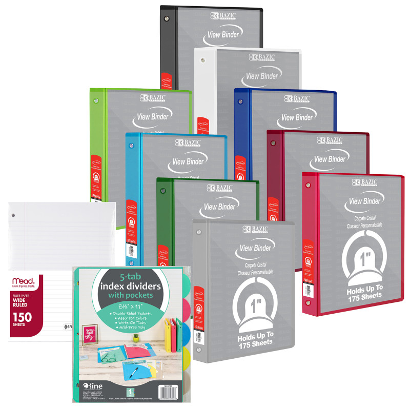 Elementary School Binder Kit, 3-Ring Binders, Pocket Dividers & Wide Ruled Paper, Student Organization Set