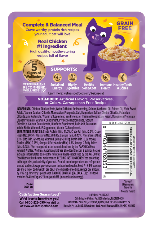 Wellness Appetizing Entrees Shredded Chicken & Salmon back packaging