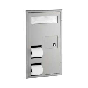 BOB3571, Bobrick, ClassicSeries, Partition-Mounted Toilet Tissue / Seat Cover Dispenser / Waste Disposal, Right Side While Seated, Stainless Steel