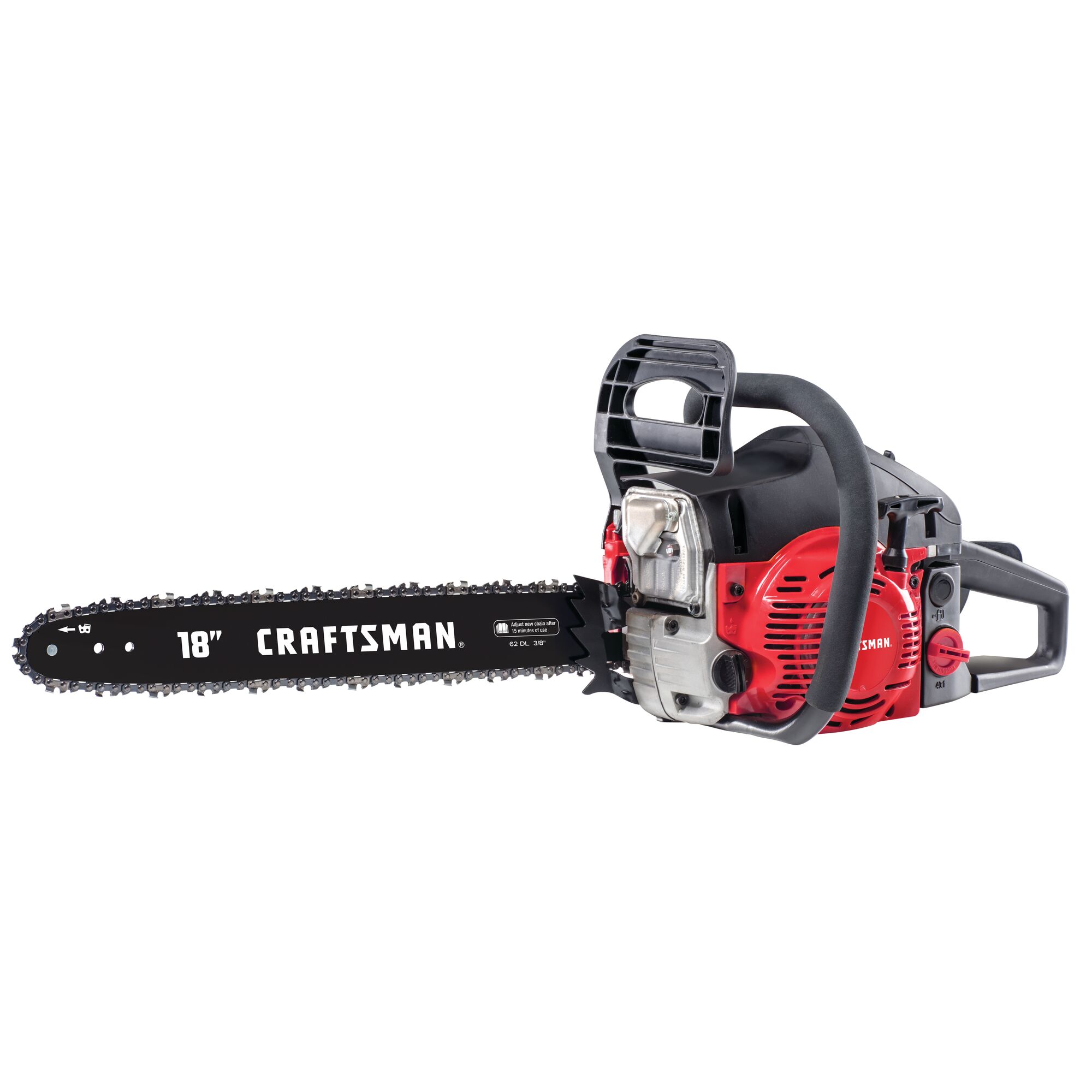 Closeup of 18 inch Gas chainsaw.