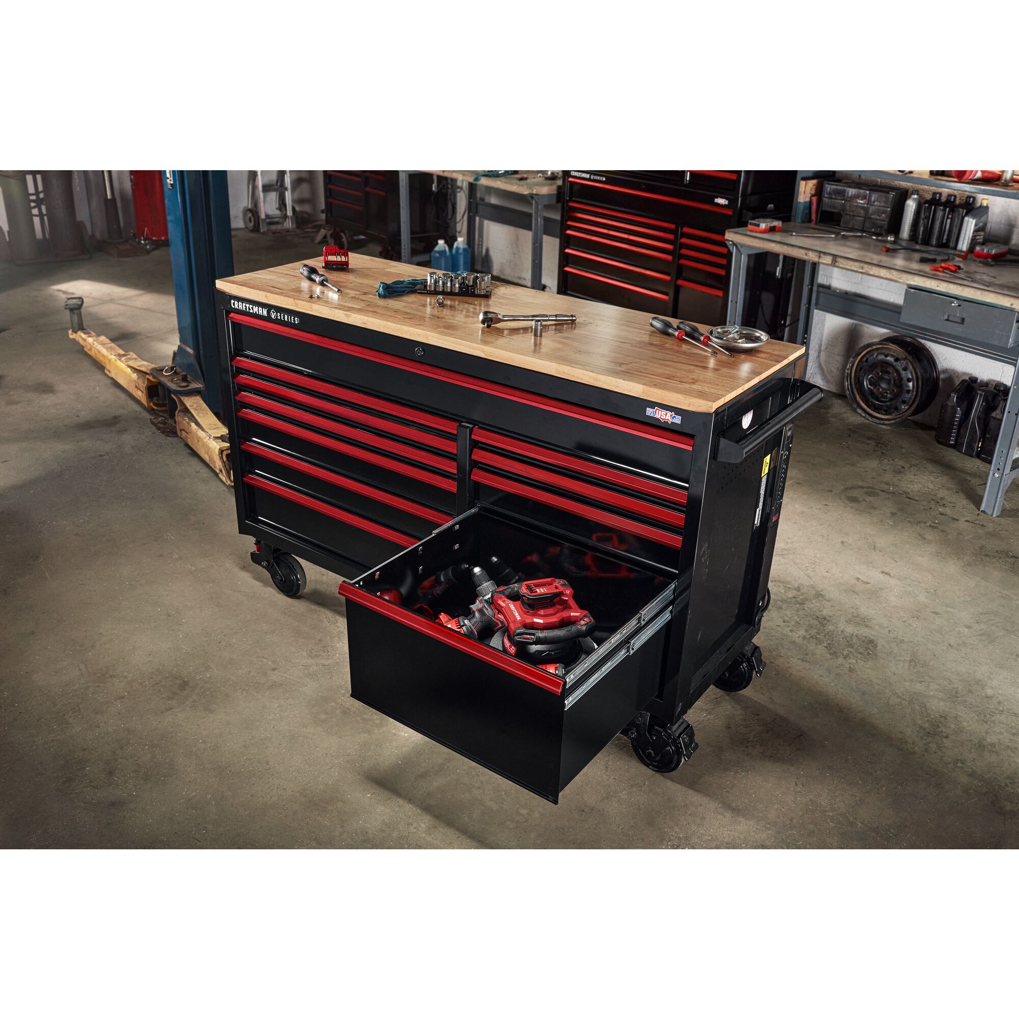 CRAFTSMAN V-Series™ Workstation featured in automotive shop filled with CRAFTSMAN tools