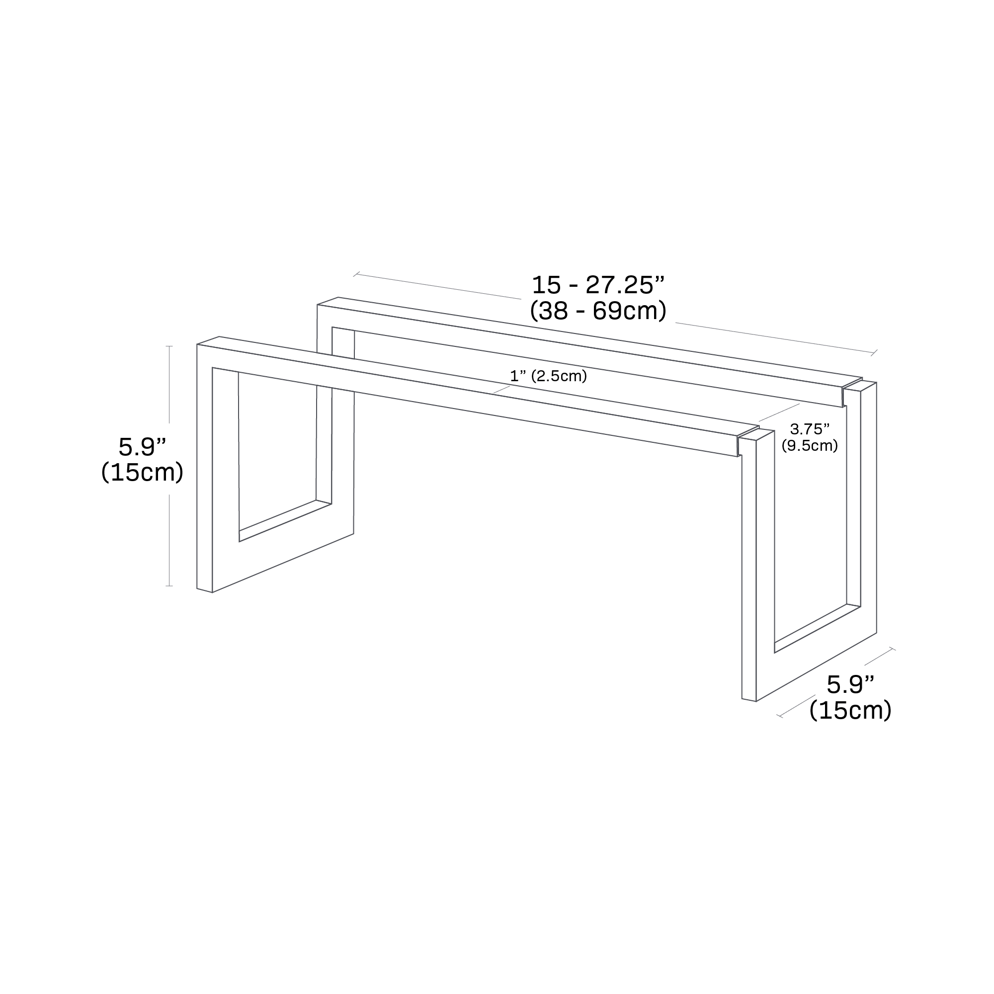 Dimension image for Expandable Shoe Rack showing height of 5.9 inches, length of 5.9 inches, width of 15-27.25 inches,1 inch wide of the shoe rack width and 3.75 inches between the front bar and the back bar