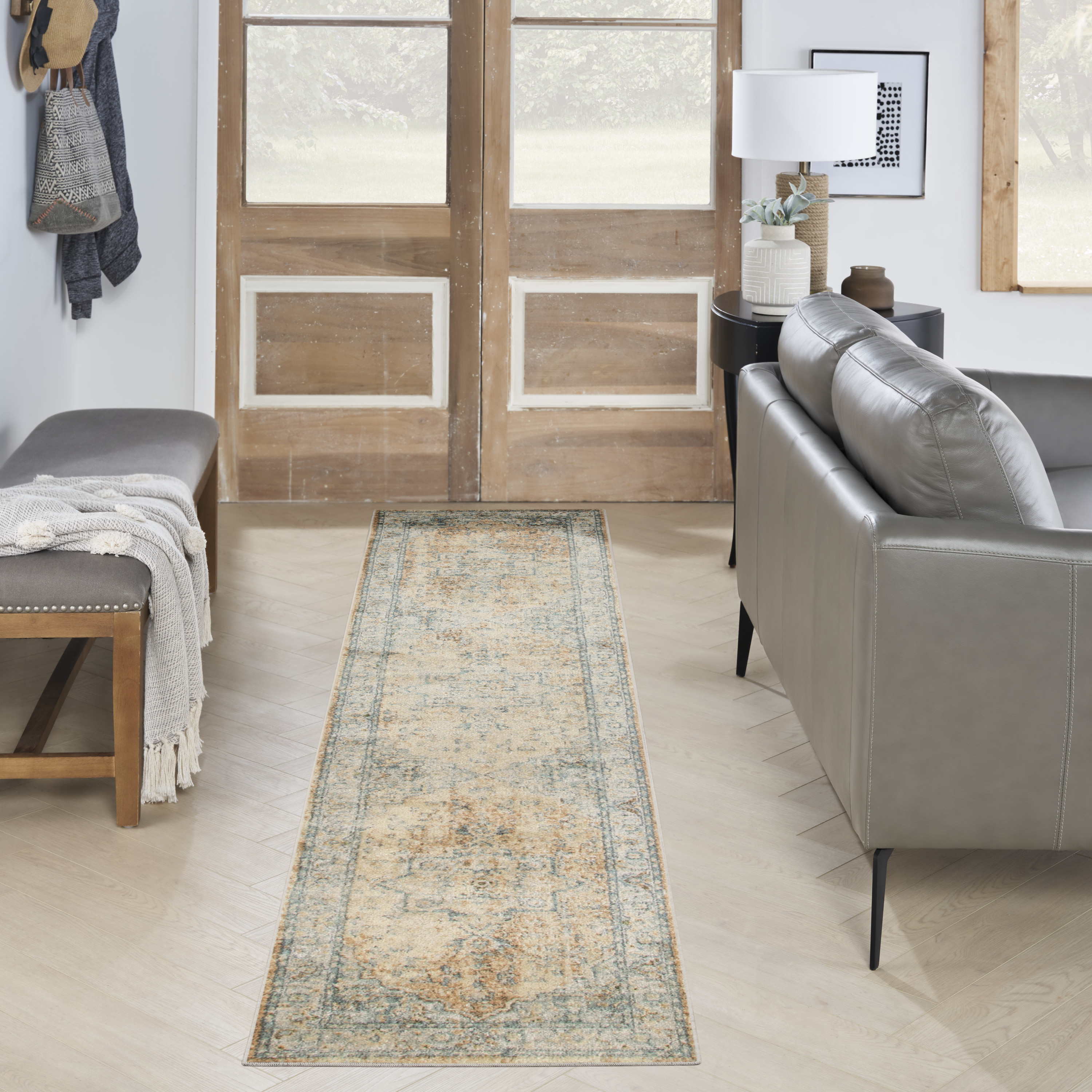 Nourison Astra Machine Washable 2'2" x 8' Beige Blue Vintage Indoor Rug