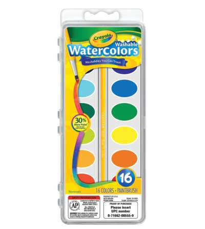 Crayola® Washable Watercolors, 16 semi-moist oval pans & brush