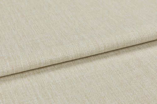 Beige woven upholstery fabric (window dressing absent), folded once with an overlapping edge; close-up shows textured, slightly nubby weave under neutral studio lighting on a flat surface.