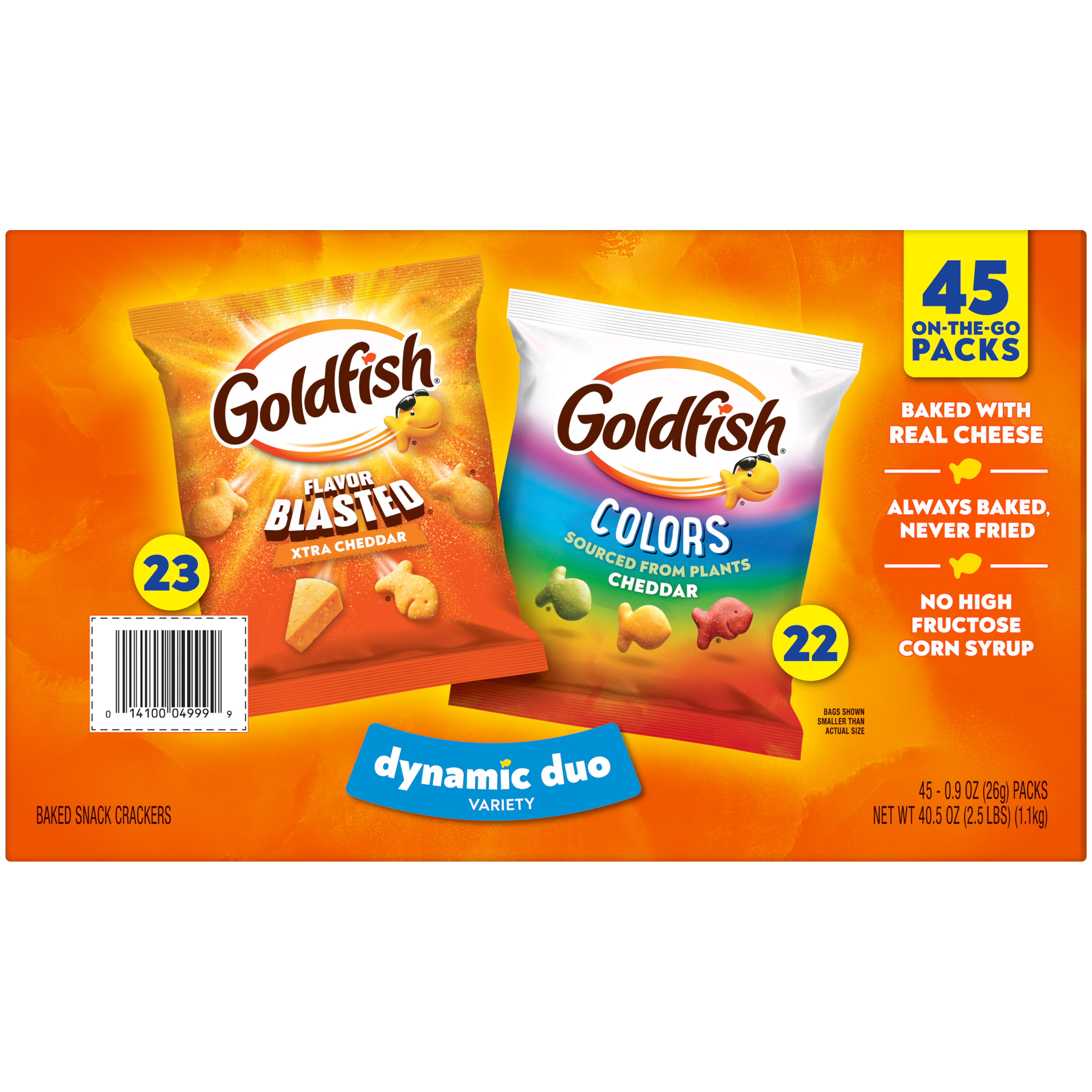 Goldfish® Colors Cheddar and Flavor Blasted Xtra Cheddar Crackers, 45 count box, 40.5 oz, bag - Back Image