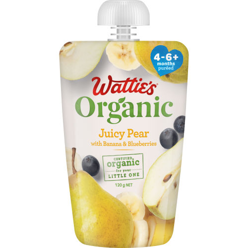  Wattie's® Organic Juicy Pear with Banana & Blueberries 120g 4-6+ months 