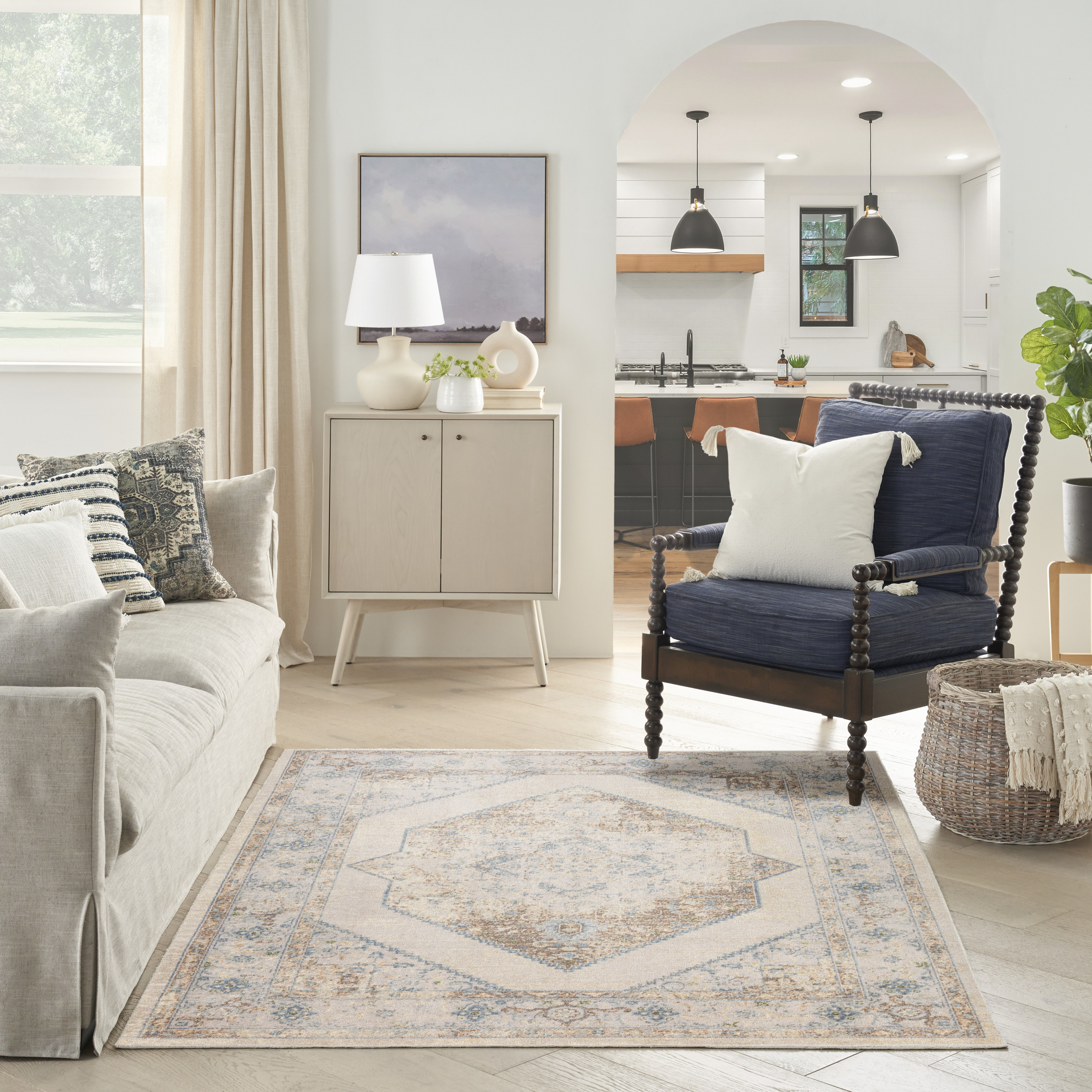 Nourison Astra Machine Washable 4' x 6' Ivory Blue Vintage Indoor Rug