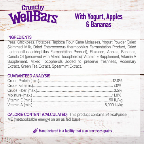<p>Peas, Chickpeas, Potatoes, Tapioca Flour, Cane Molasses, Canola Oil (preserved with Mixed Tocopherols), Yogurt Powder (Dried Skimmed Milk, Dried Enterococcus thermophilus Fermentation Product, Dried Lactobacillus acidophilus Fermentation Product), Flaxseed, Apples, Bananas, Canola Oil (preserved with Mixed Tocopherols), Vitamin E Supplement, Vitamin A Supplement, Mixed Tocopherols added to preserve freshness, Rosemary Extract, Green Tea Extract, Spearmint Extract.</p>
