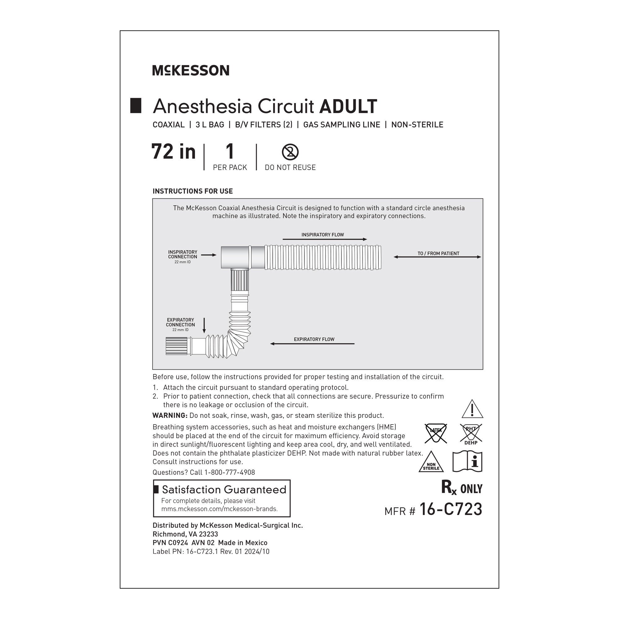 McKesson Anesthesia Breathing Circuit without Wye, Single Limb