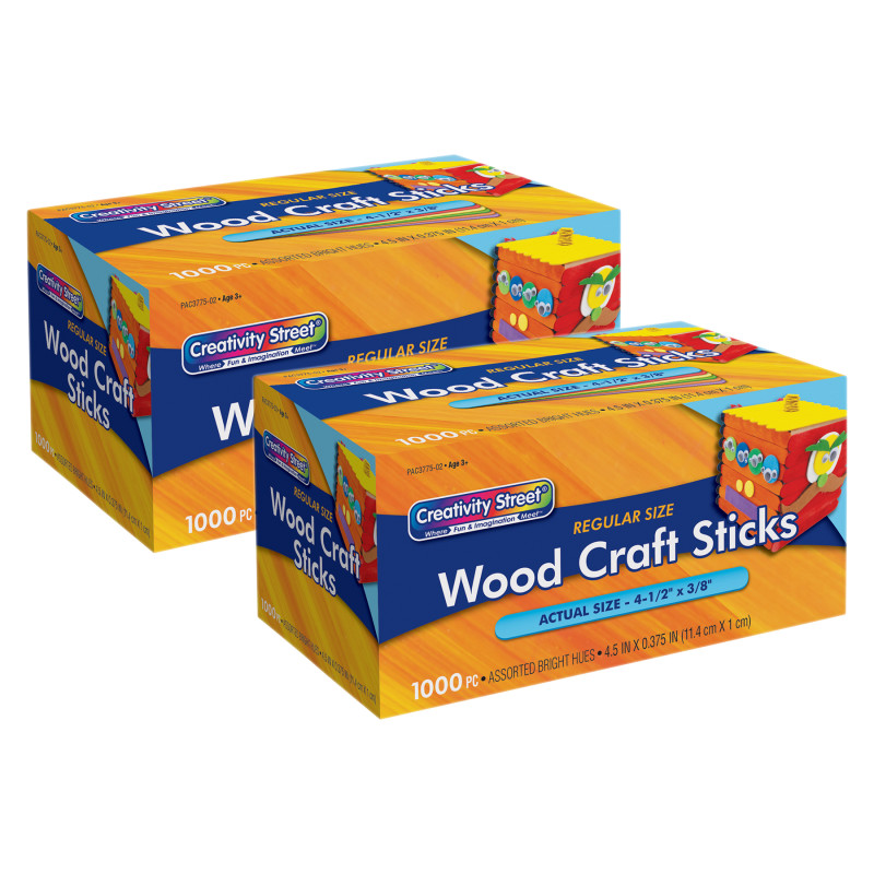 Regular Craft Sticks, Bright Hues Assorted, 4-1/2" x 3/8", 1000 Per Pack, 2 Packs