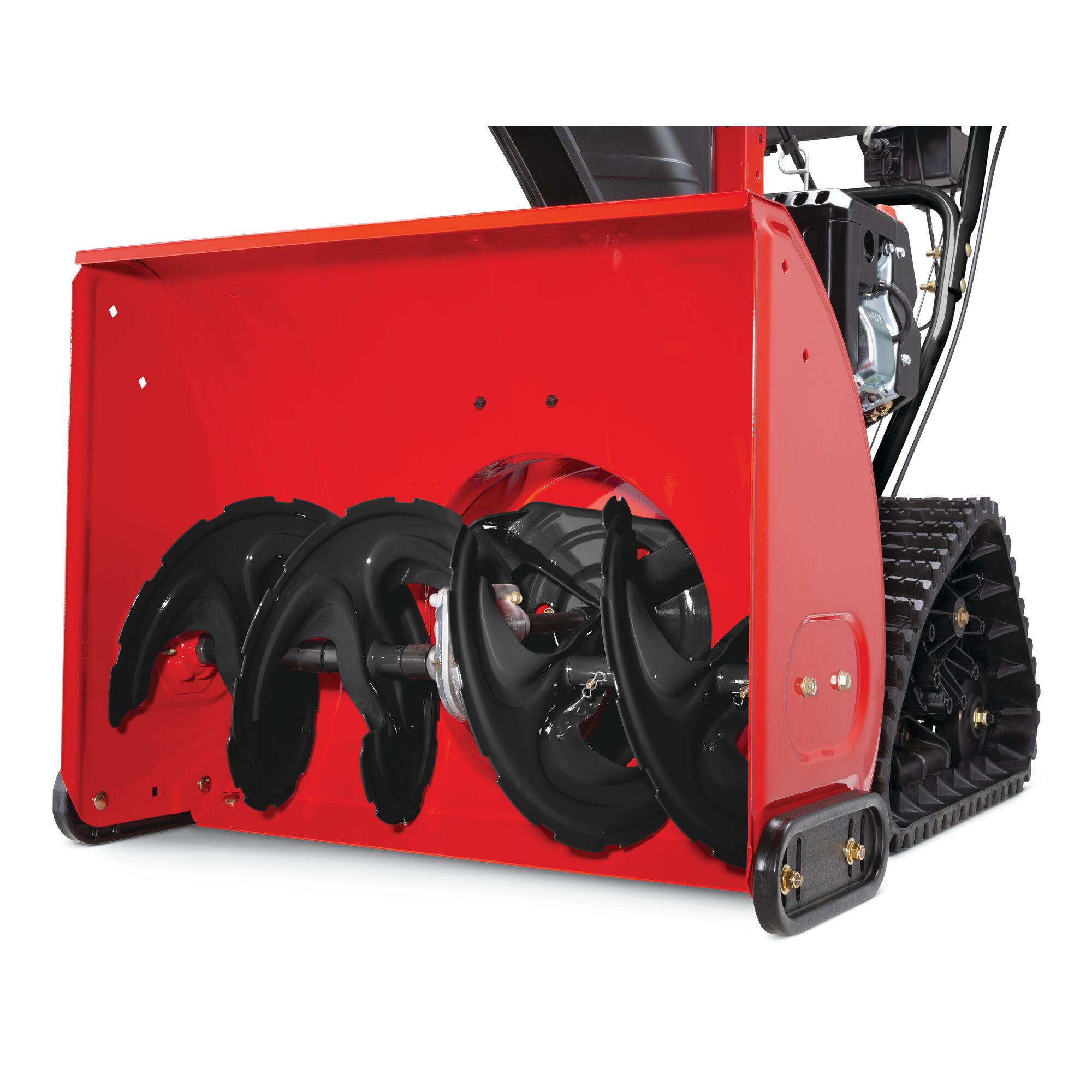 Enhanced clearing power feature in 26 inch 208 CC electric start track drive snow blower.