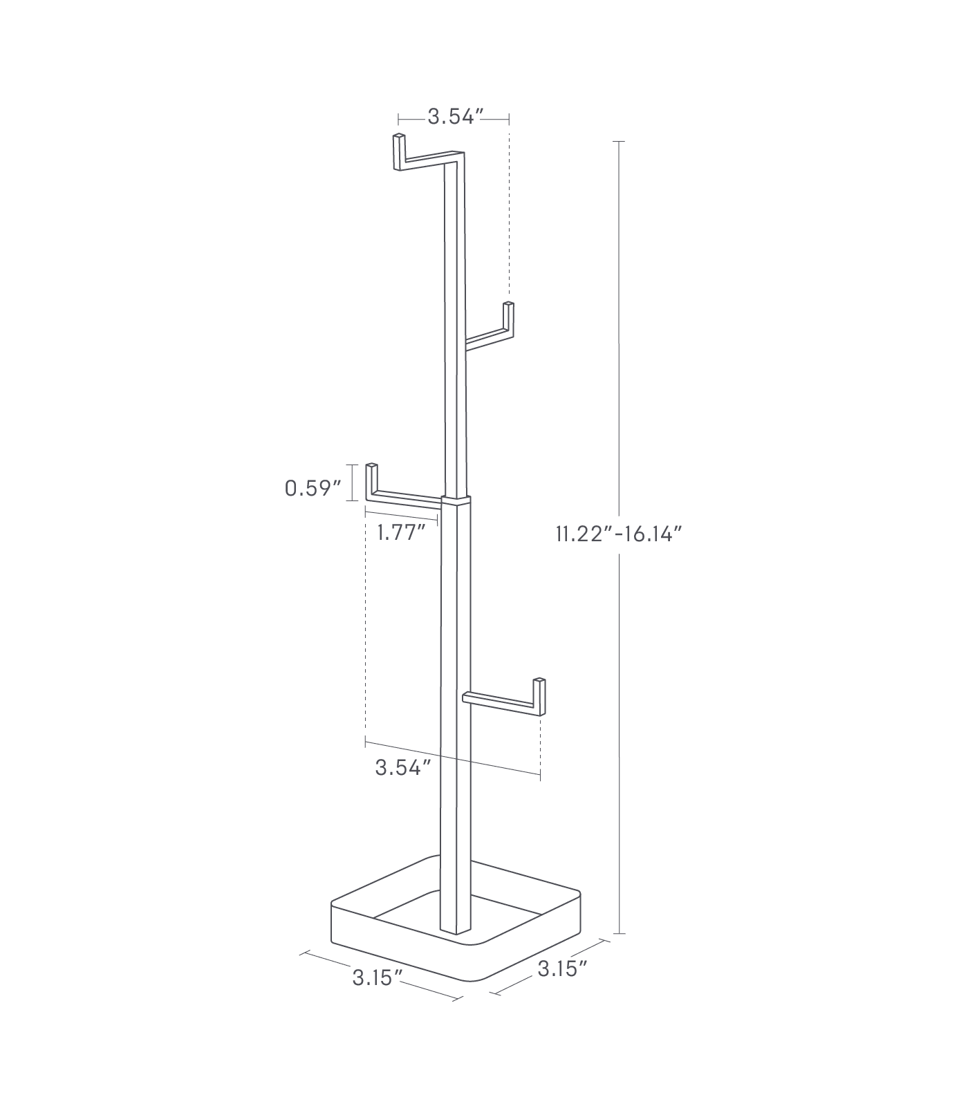 Dimension image for Tree Accessory Standon a white background showingheight of 11.22 inches to 16.14 inches with a base tray measuring 3.15 inches by 3.15 inches. Each hook has a spacing of 1.77 inches.
