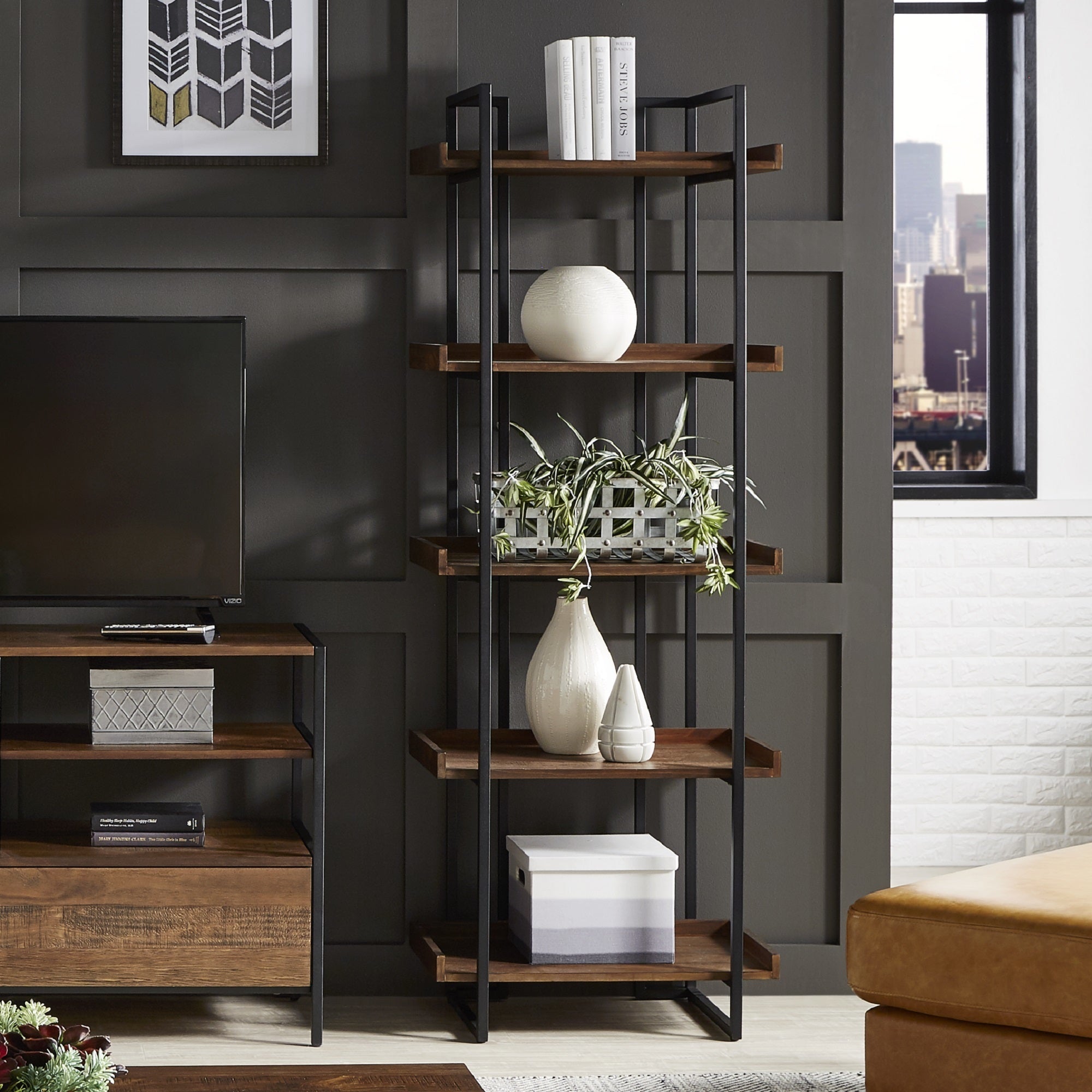 Rustic Brown Etagere Bookcase