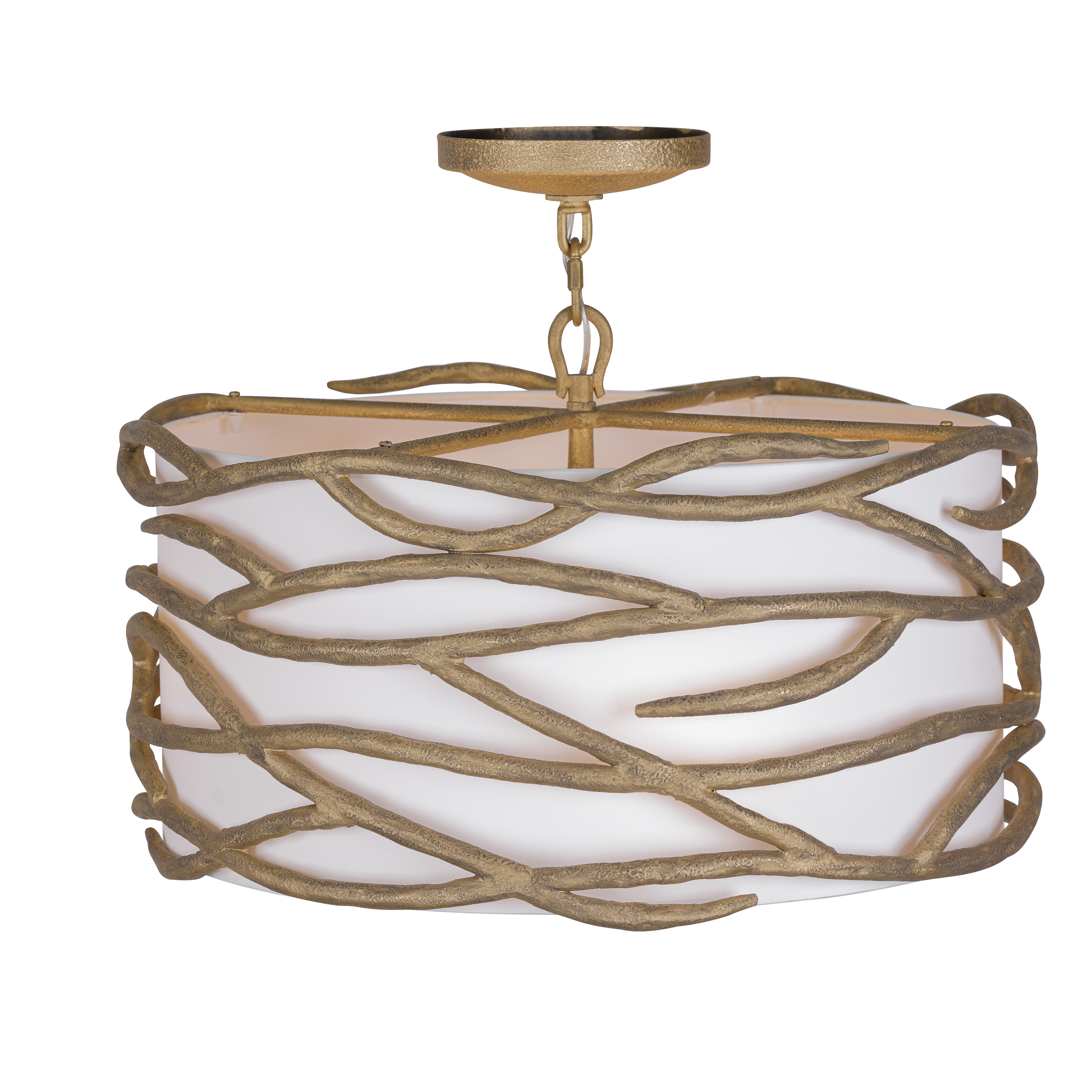 The Branch Reality semi-flush mount combines contemporary styling with warm Ashen Gold finish and soft white fabric shade. Its 20-inch width and 16.5-inch profile make it ideal for rooms with lower ceilings or smaller spaces needing sophisticated lighting. - alternate view