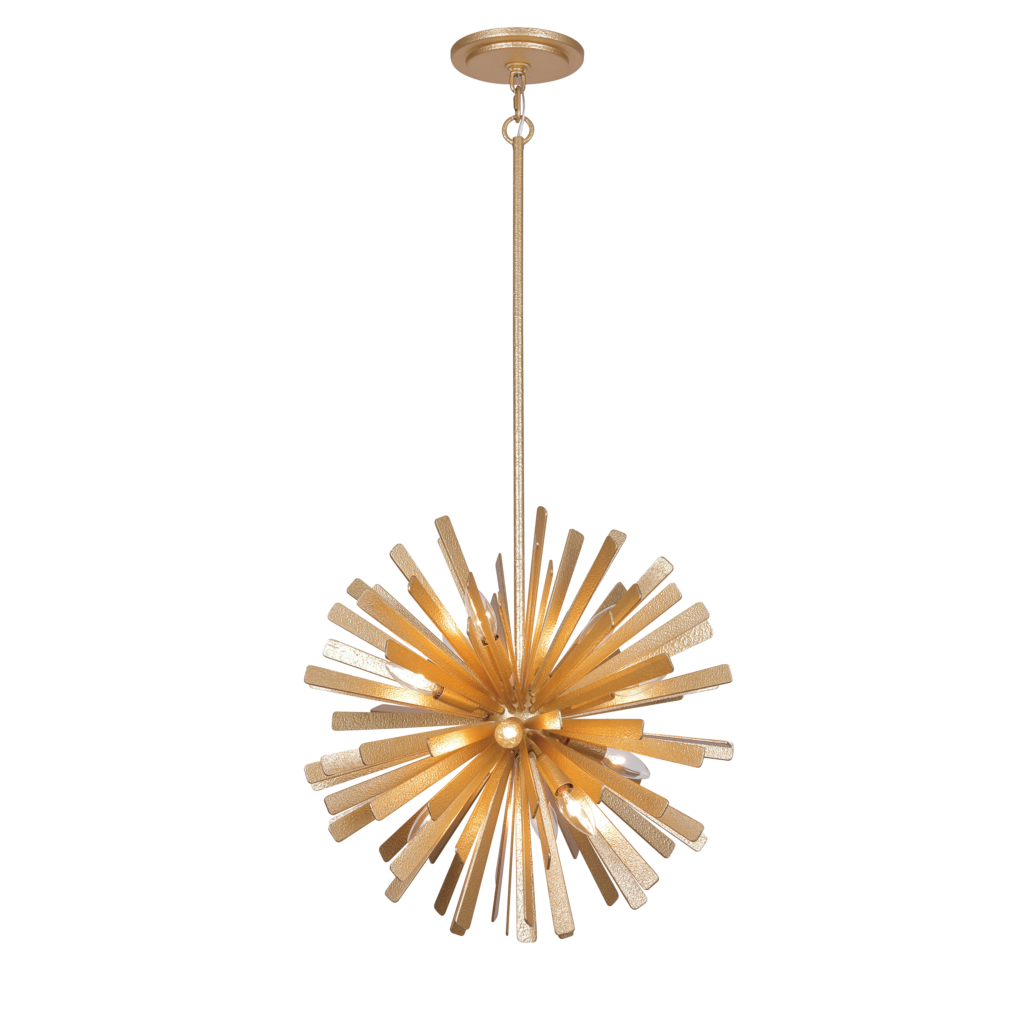 The Confluence pendant combines contemporary design with artisanal craftsmanship. Its 12 candelabra lights and hammered Piastra Gold finish create dramatic visual impact while providing ample illumination for dining and entertaining spaces. - alternate view