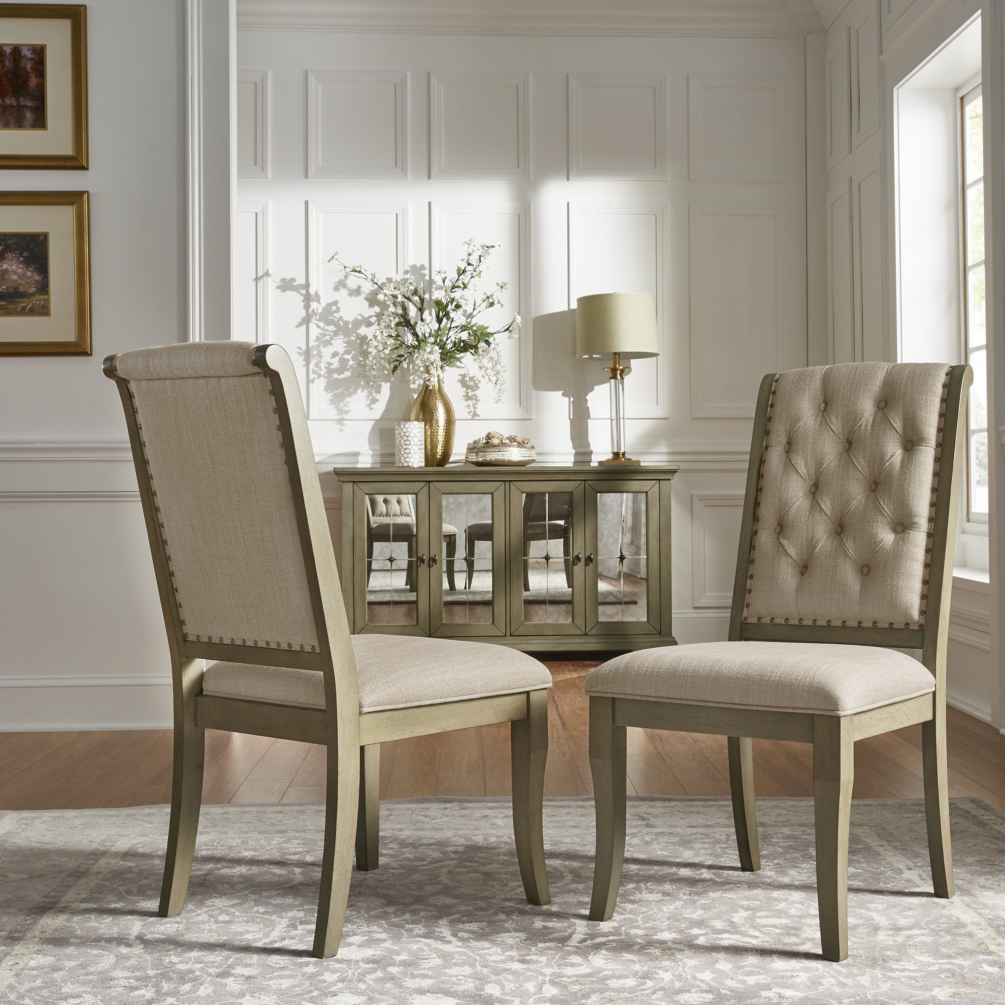 Beige Tufted Nailhead Dining Chairs (Set of 2)