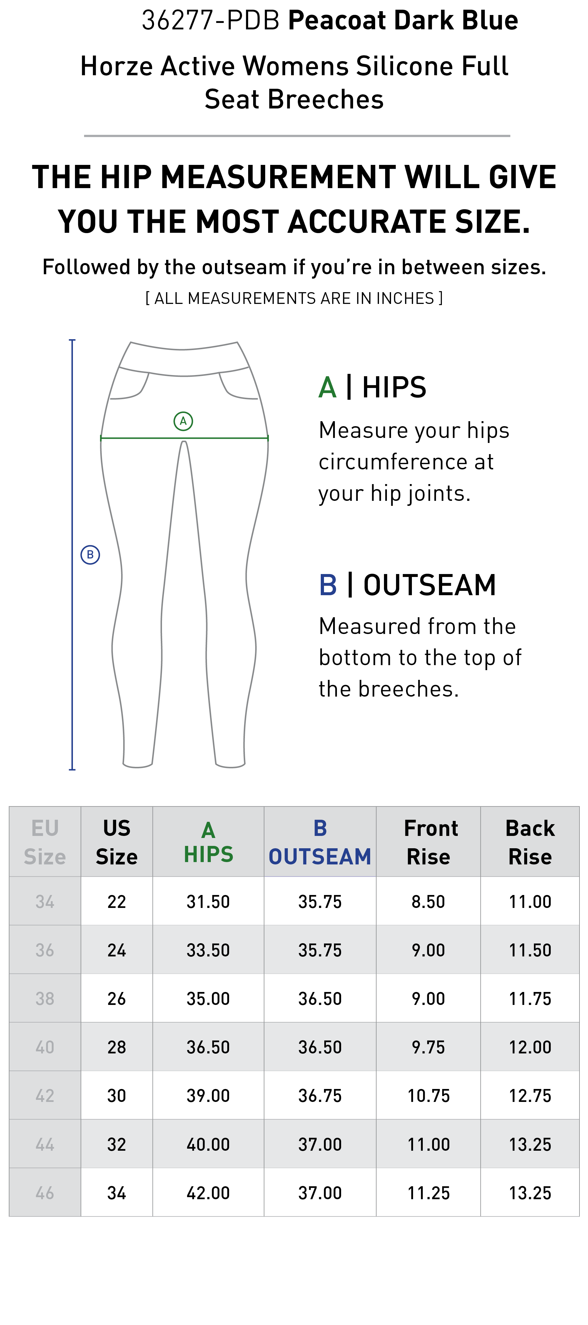 Size chart for Horze Active Womens Silicone Full Seat Breeches - Peacoat Dark Blue