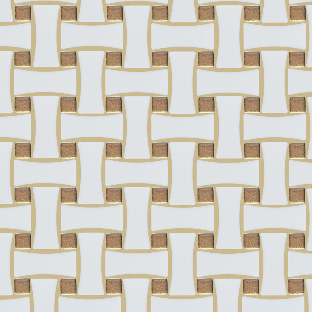 Metro Dog Bone Basketweave Matte White w/Glass Gold Dot 10 in. x 10 in. Porcelain Mosaic Tile