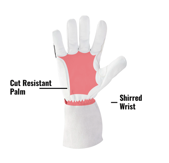 ARC Economy TIG Cut 5 Resistant Goatskin Welding Gloves in White and Black ARCTIGEC5-05 showing Cut Resistant Palm and Shirred Wrist