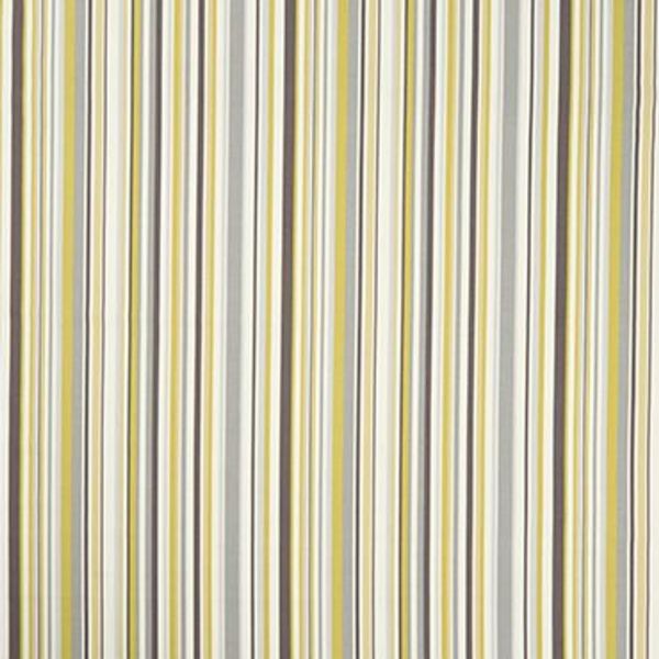Vertical striped curtains with narrow yellow, gray, and off-white bands, hanging closed with smooth folds; close-up indoor view showing the textile pattern under even lighting.