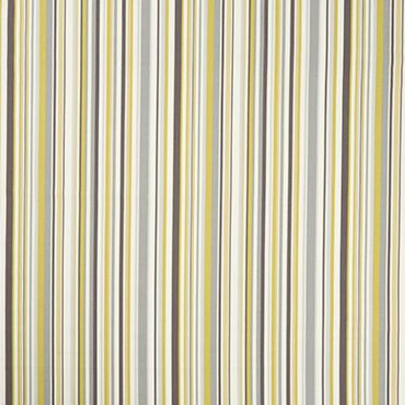 Vertical striped curtains with narrow yellow, gray, and off-white bands, hanging closed with smooth folds; close-up indoor view showing the textile pattern under even lighting.