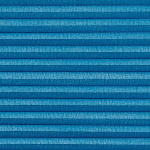 Blue pleated cellular window blind with horizontal textured folds, fully closed, evenly lit close-up view emphasizing fabric texture and shadowed ridges; no visible window or room context.