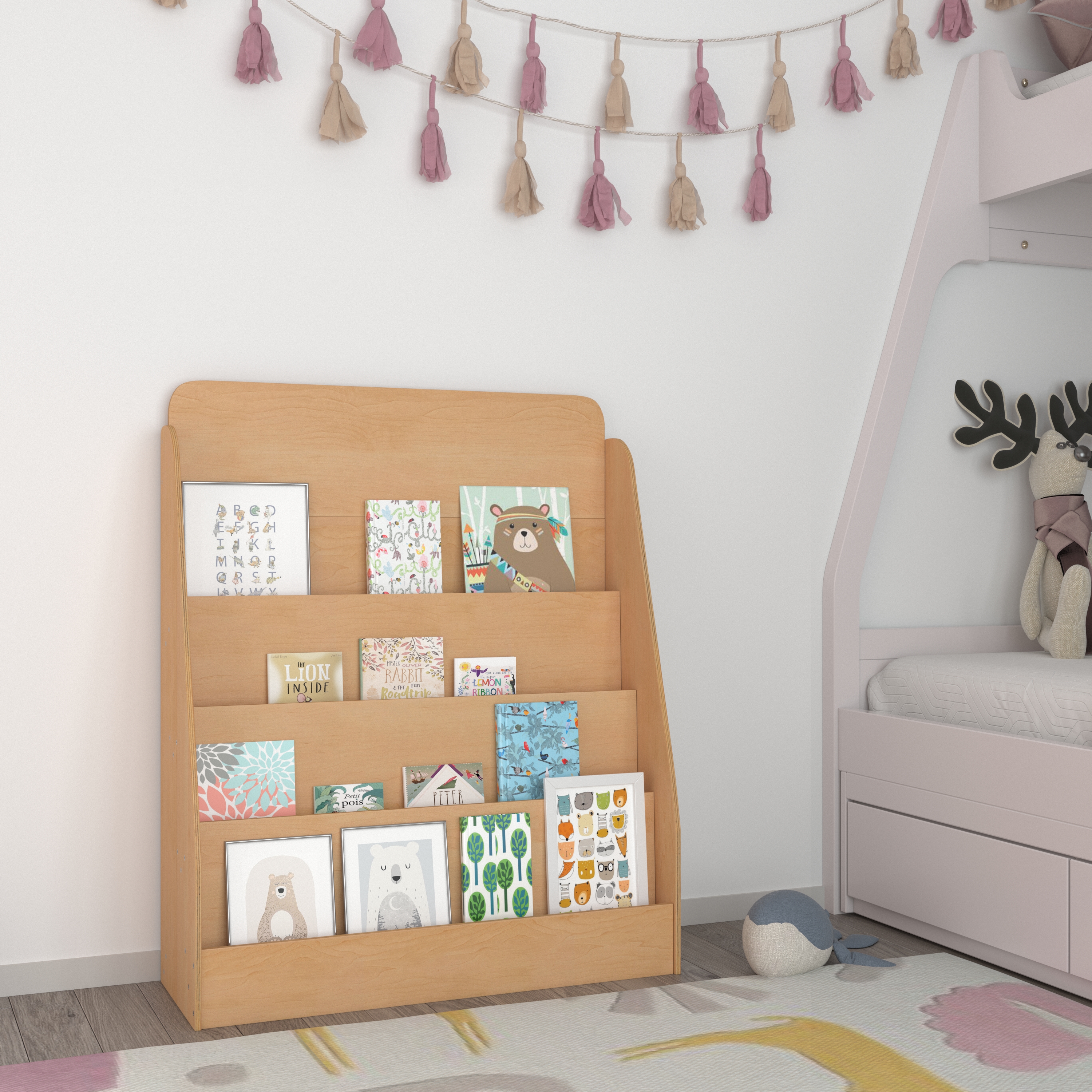 Estante de almacenamiento de libros de madera natural para niños con 4 listones de almacenamiento y apto para niños... - Imagen 2 de 12