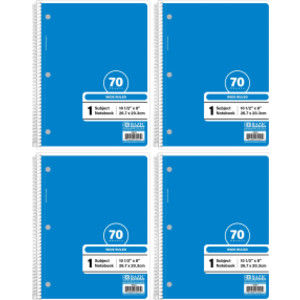 1-Subject Spiral Notebooks, Wide Ruled, 70 Count, Blue, 4-Pack
