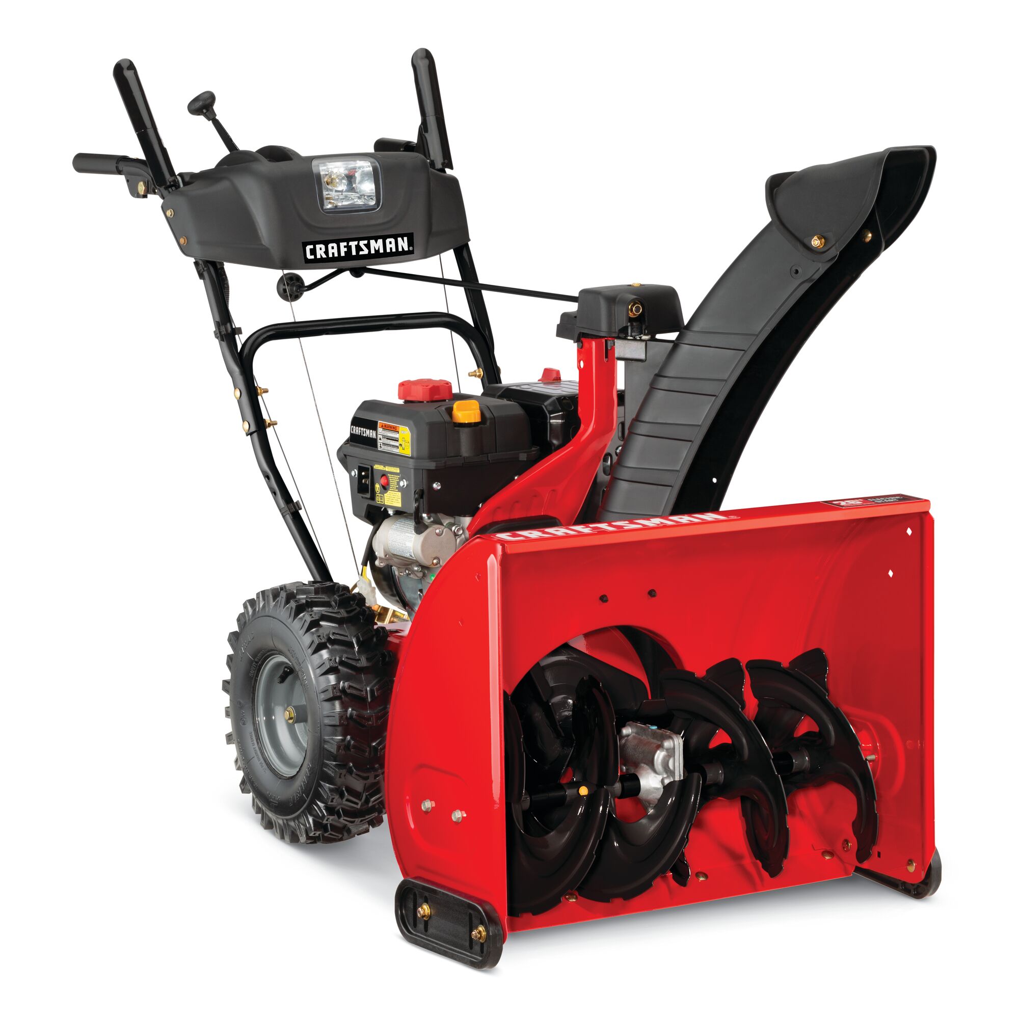 Profile of 26 inch 208 CC electric start two stage snow blower.
