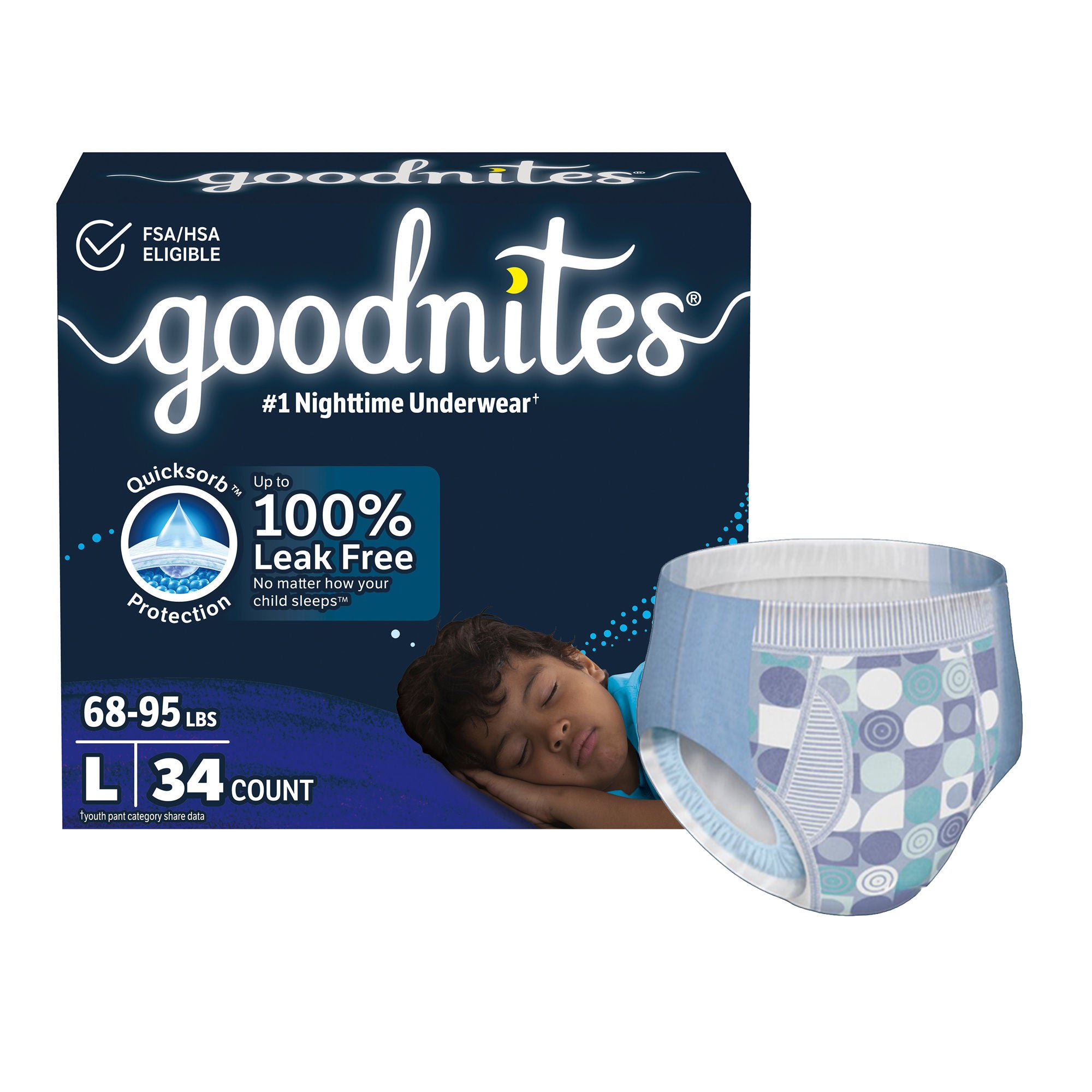 Goodnites® Heavy Absorbency Nighttime Underwear, Large for Boys 68 – 95 lbs.