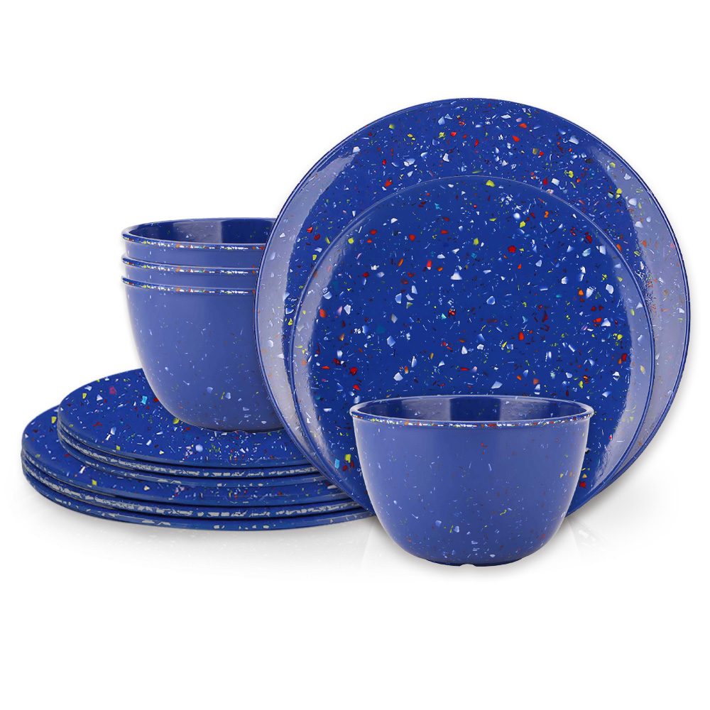 Confetti Dinner Plate, Salad Plate and Bowl Dinnerware Set, Blue, 12-piece set slideshow image 1 Confetti Dinner Plate, Salad Plate and Bowl Dinnerware Set, Blue, 12-piece set slideshow image 1