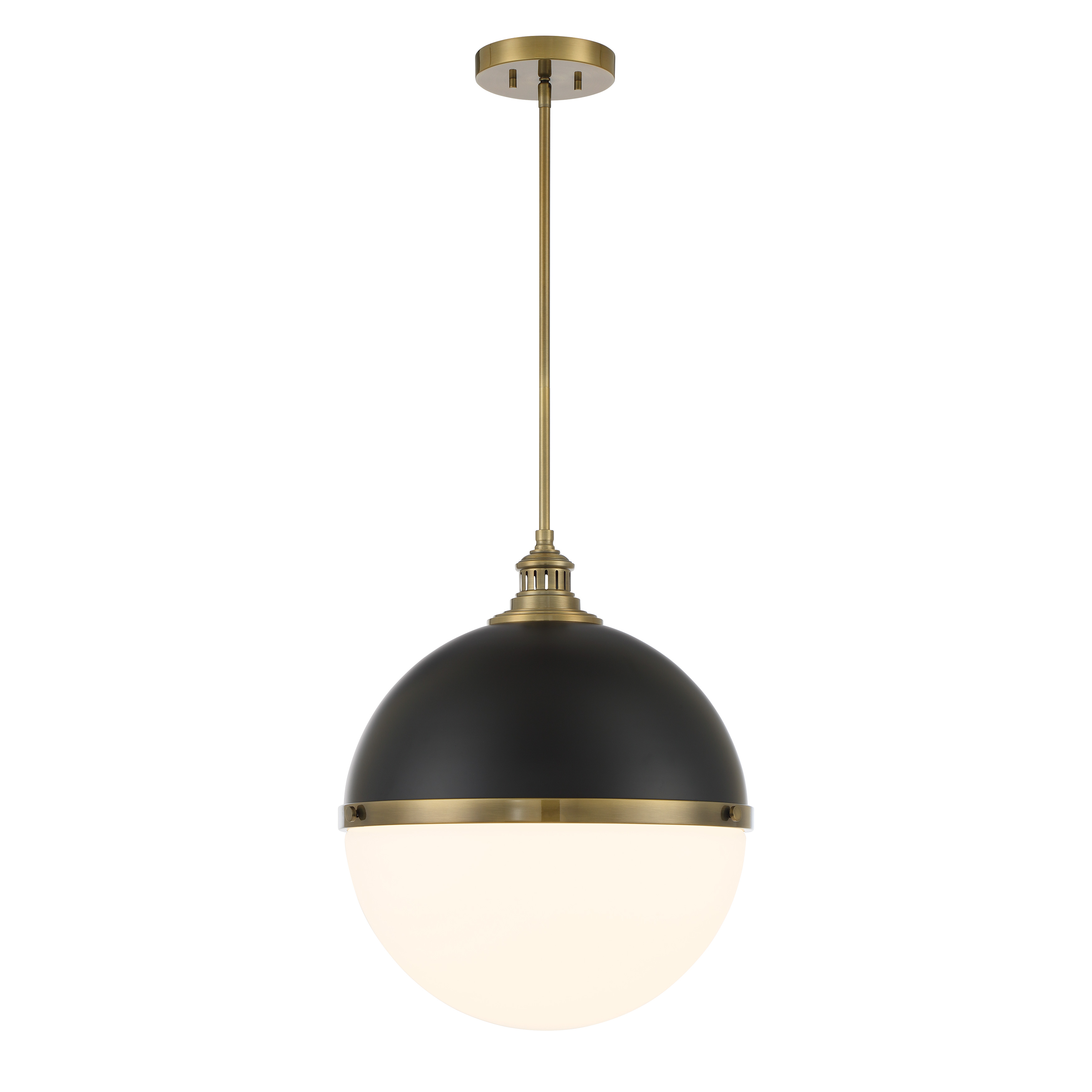 The Vorey pendant combines industrial coal-black metal with oxidized aged brass detailing for a sophisticated modern look. Its etched opal glass shade provides soft, diffused lighting perfect for task and ambient illumination. - alternate view