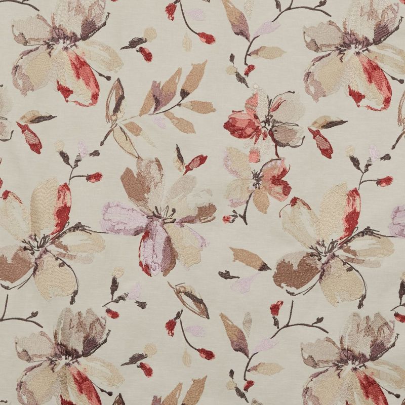 Beige embroidered-style fabric with large floral motifs (object); repeats across the surface in a scattered pattern (action); neutral, textured textile sample with muted pink, red, and brown tones (context).