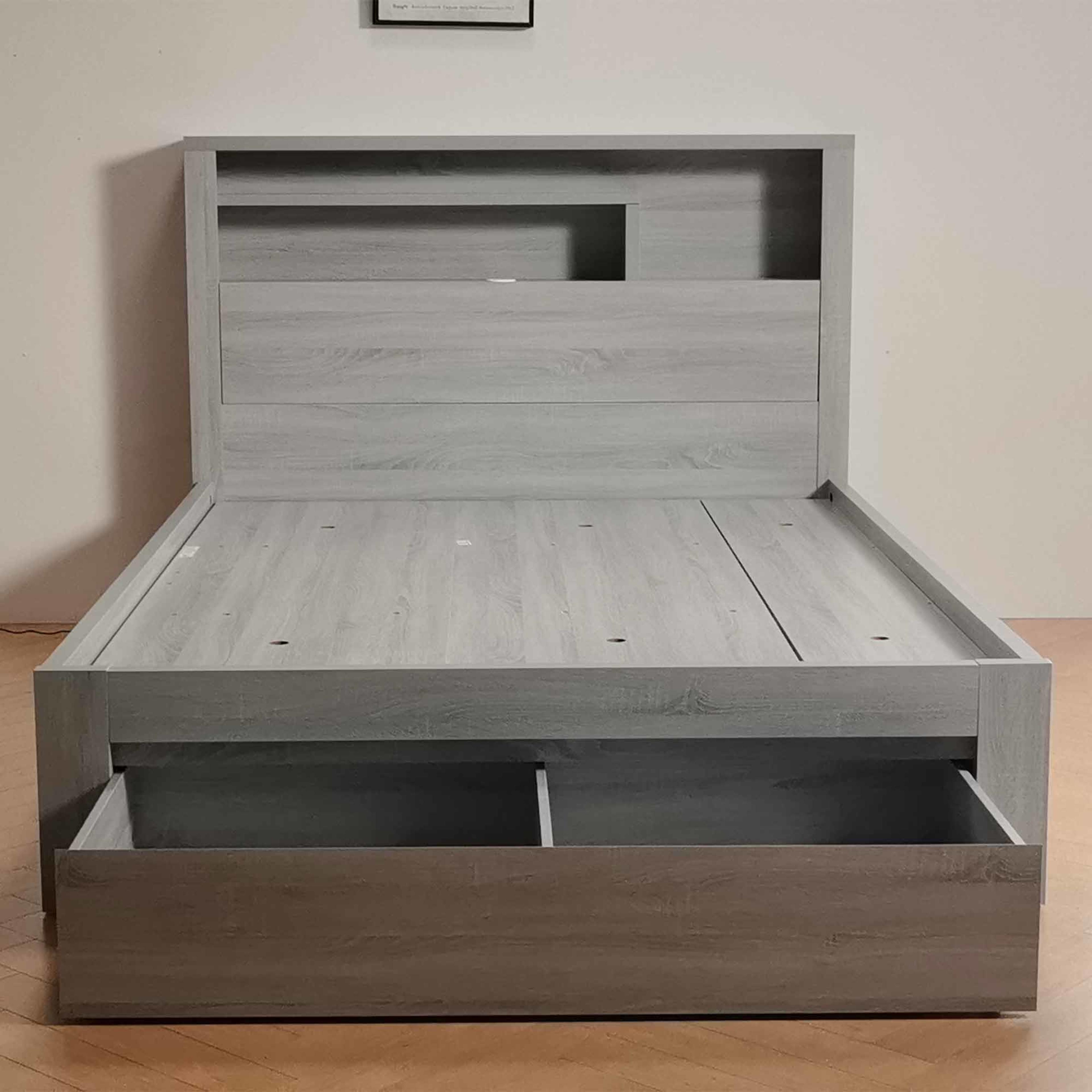Lifestyle image of the  Bellevue Bed Frame, Side Gas Lift & End Drawer Base, Cement Grey from Forty Winks