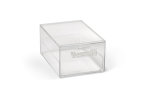 Cubic modular display bin with three ⅓-size drawers and black frame