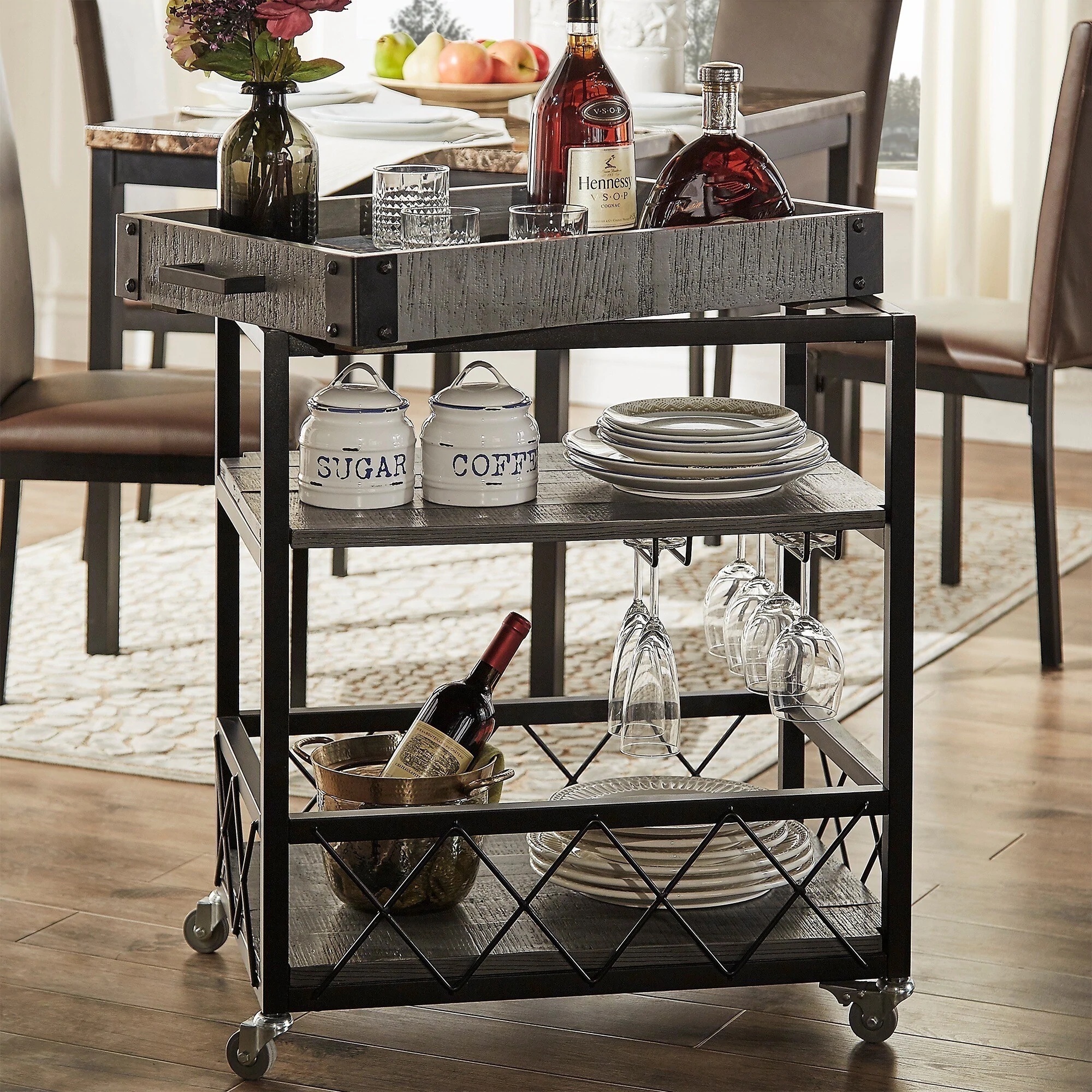 Rustic Serving Cart with Wine Inserts and Removable Tray Top