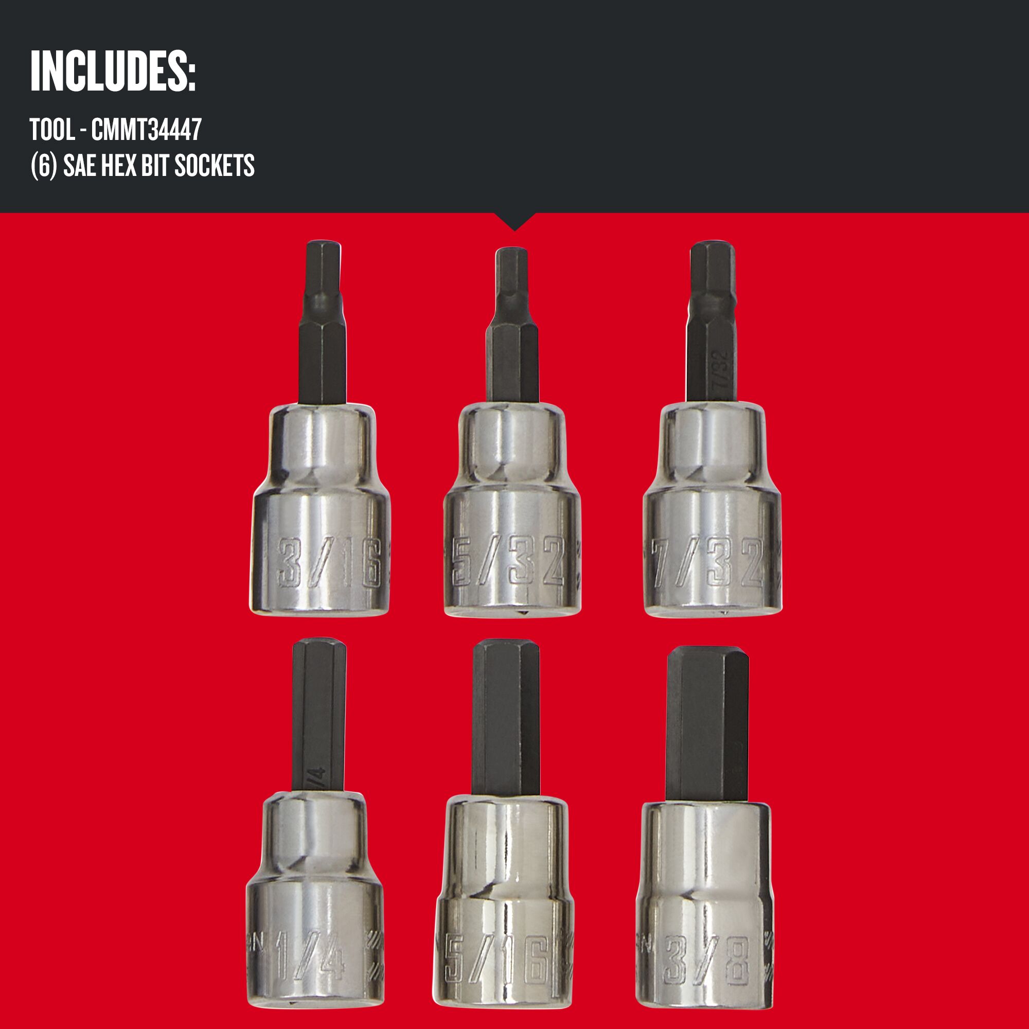 Front view of Craftsman SAE Hex Bit Socket 6 pc. showing six SAE Hex bit sockets.