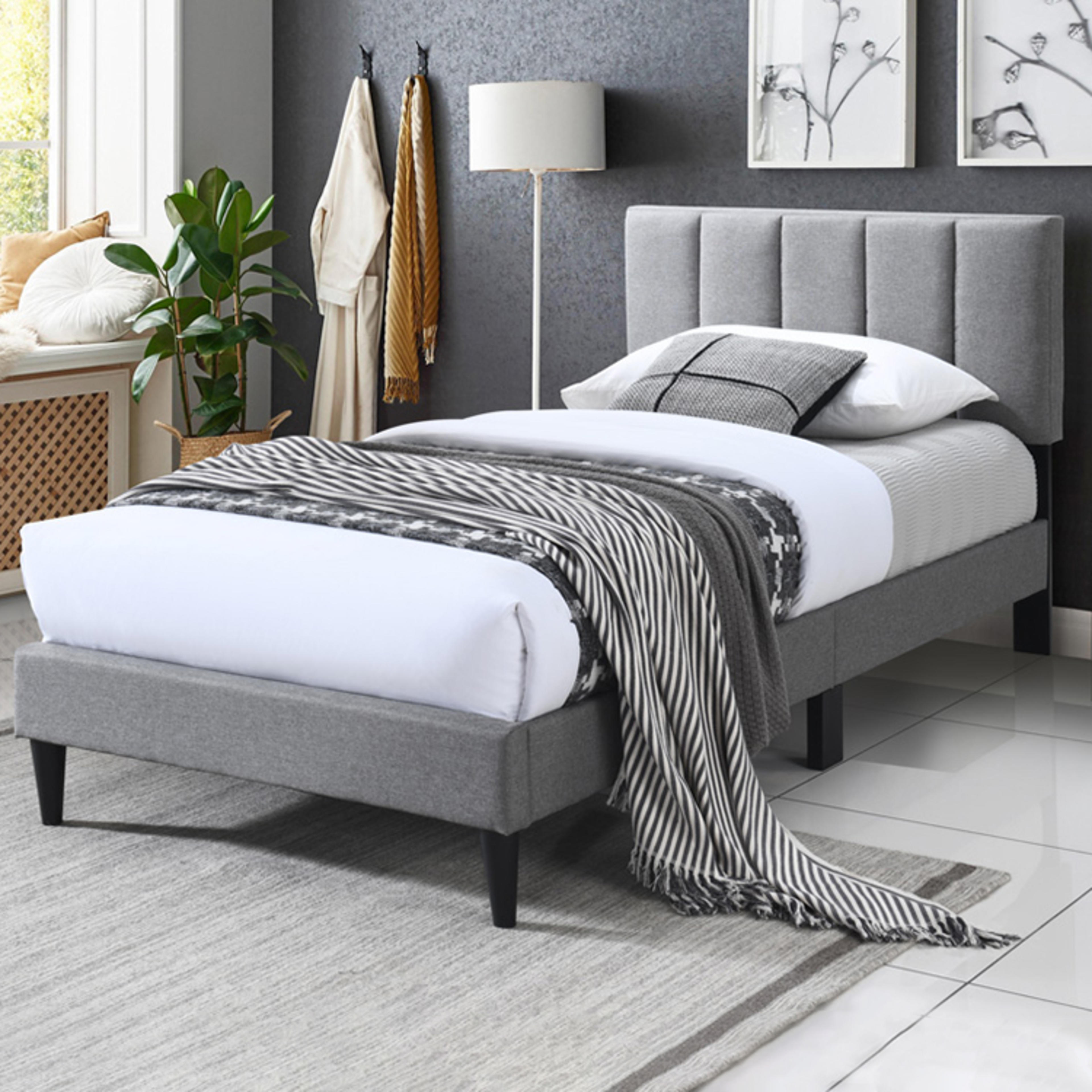 Lifestyle image of the Lane Bed Frame, W/ Channelled Headboard, Light Grey from Forty Winks