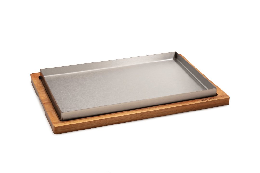 Llauna rectangular en acero inoxidable de 29,5 x 19,5 centímetros y bandeja con mango de madera de 33 x 23 cm