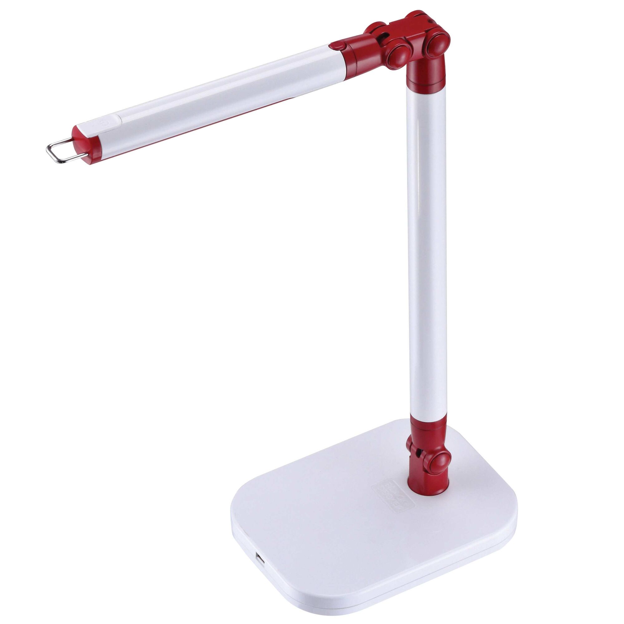 Profile of exalt flash detachable head L E D desk lamp white or red color.