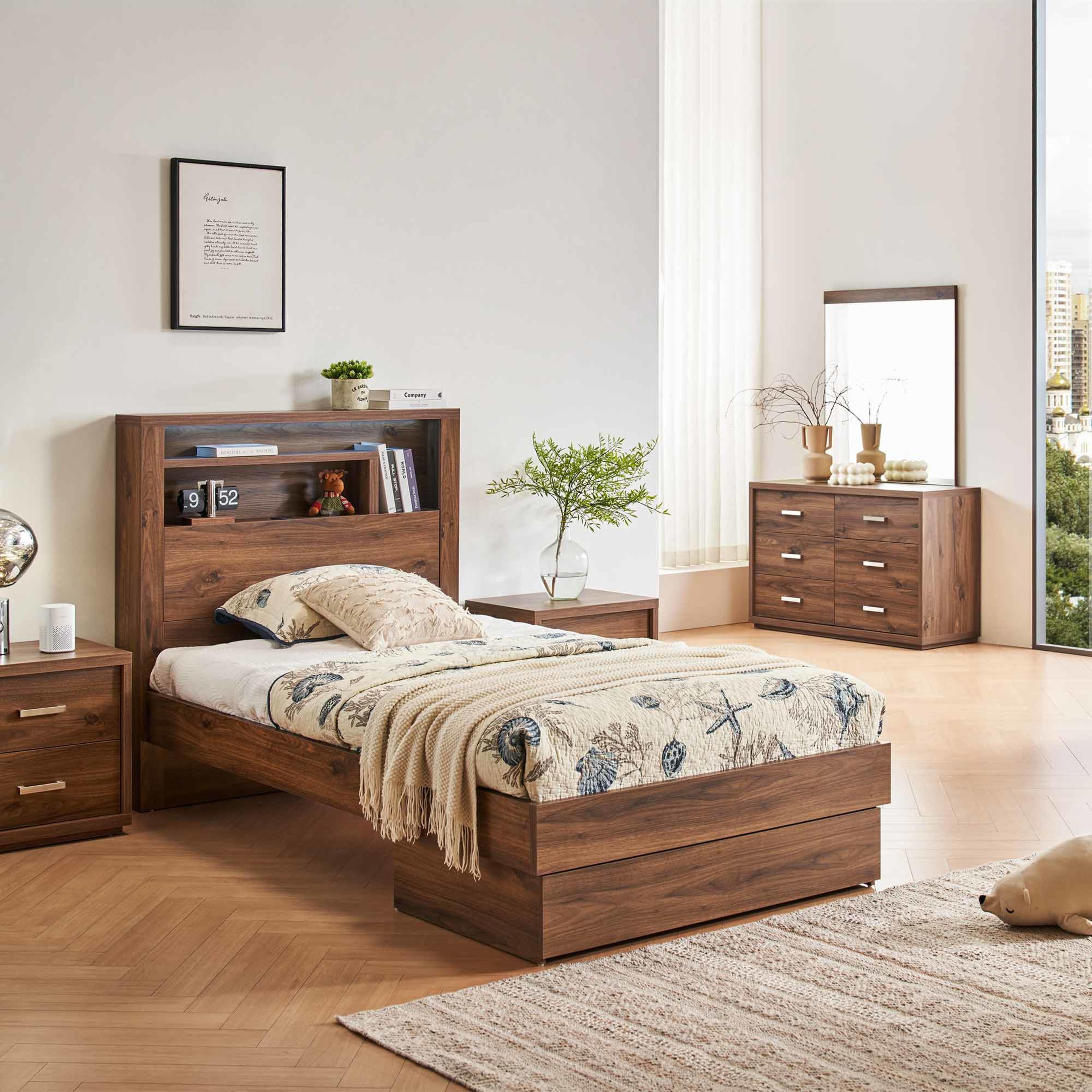 Lifestyle image of the  Bellevue Bed Frame, Drawer Base, Rustic Walnut from Forty Winks