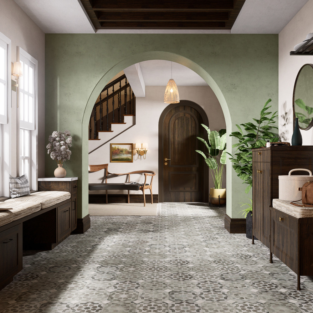 Laverton Octagon Deco Sombra with Taco Gris 7-7/8 in. x 7-7/8 in. Porcelain Floor and Wall Tile